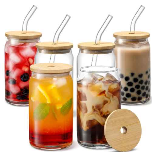 Glass Cup With Lid and Straw